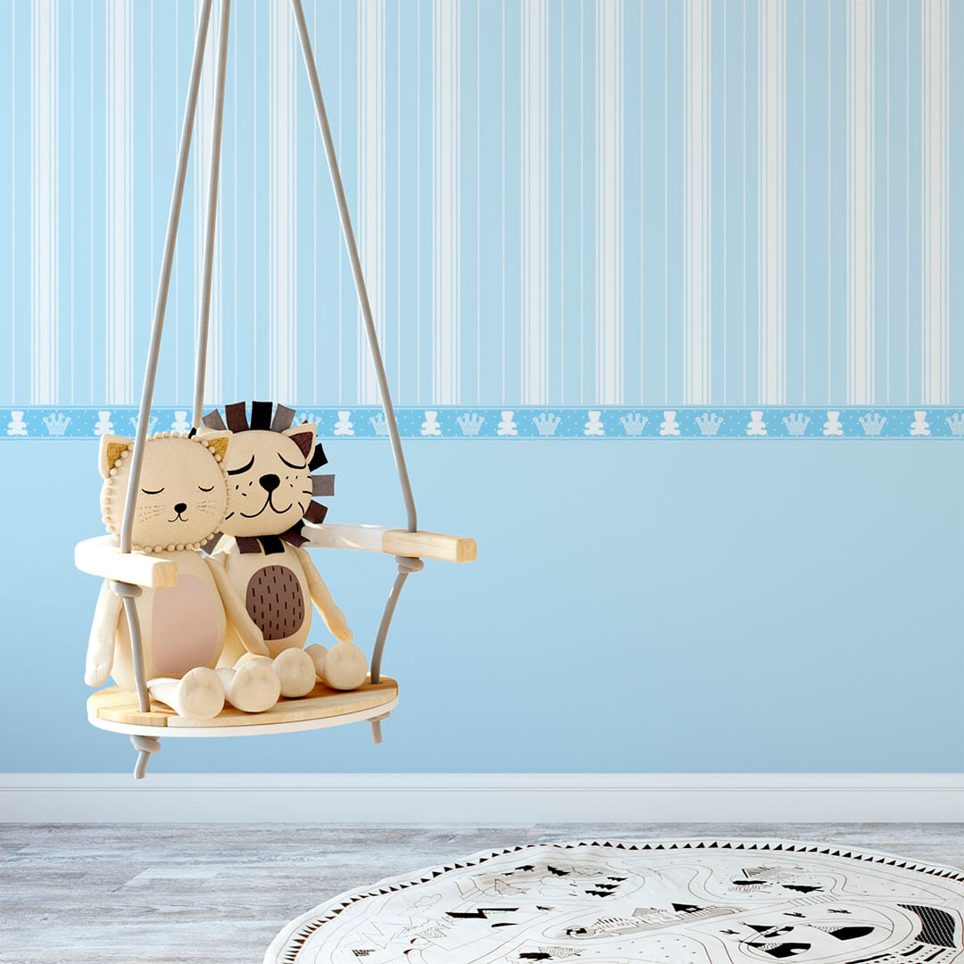 Papel de Parede Adesivo Infantil Infantil Azul Ursinhos e Coroas - Medidas: 48 x 300 cm