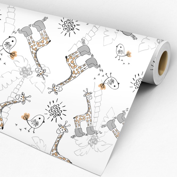 Encontraproduto.com.br - Papel de Parede Adesivo Infantil Branco Animais Girafa Passarinho - Medidas: 48 x 300 cm