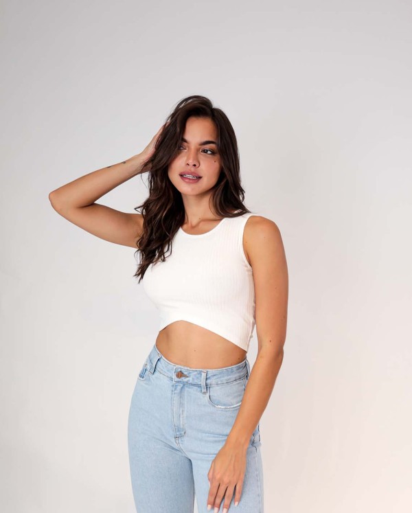 Encontraproduto.com.br - Regata Feminina Canelada Cropped com Recorte em V Laranja   90076l Unica