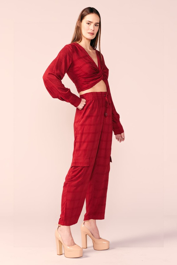 Encontraproduto.com.br - CALCA CARGO VISCOSE XADREZ -MARSALA